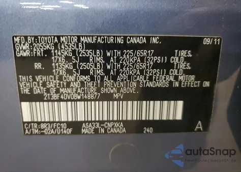 2011 Toyota Rav4 from USA, damaged, VIN 2T3BF4DV0BW148877